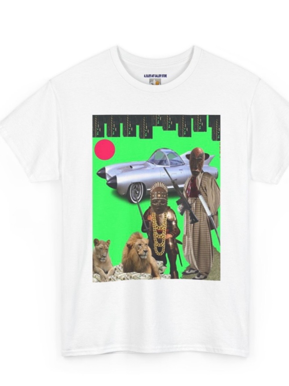 Al Blue designed,Graphic White Tee with Neon Green Collage Print